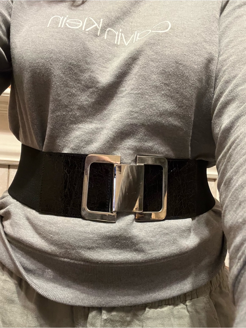 Express Black Stretch Belt with Polished Silver Buckle